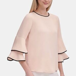 Calvin Klein Blouse Women Sz XL Peach Contrast Trim Bell Sleeve Business Top NEW